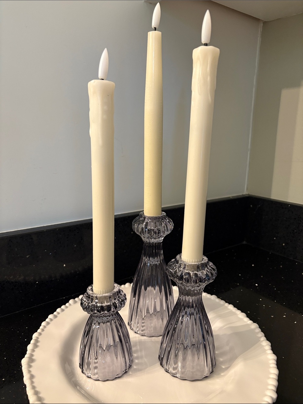 NIB SET/3 Glass Taper Candle Holders Smoke Gray Farmhouse Shabby Chic BOHO